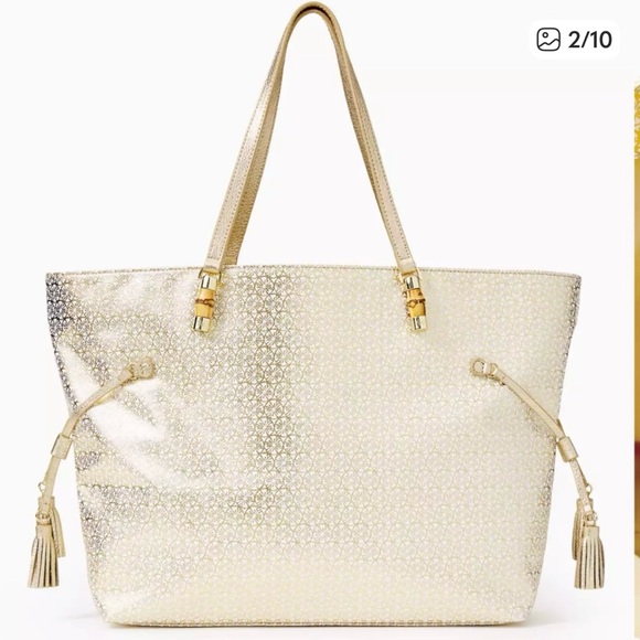 Lilly Pulitzer Gold Tote with Pink and Blue Stripes - Picture 2 of 10